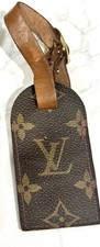 Vintage 80s Louis Vuitton Monogram Luggage Tag Leather Straps Brass Buckle