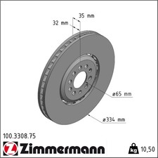 1x Zimmermann 100.3308.75 Bremsscheibe für AUDI VW GOLF TT 1J1 8N3 8N9