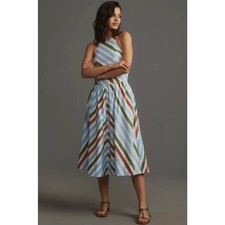 ANTHROPOLOGIE x MAEVE Halter Midi Sun Dress Blue Stripe Sz S Petite $168 {3P10}