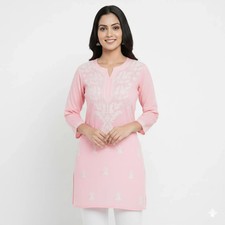 Chikankari Short Pink Cotton Kurti: Hand Embroidered Kurta Top Boho Summer Wear