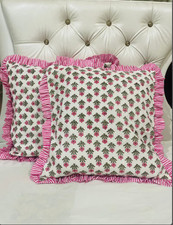 Hand Block Printed Cotton Pillow Cover with Frill: Bohemian Floral Cushion