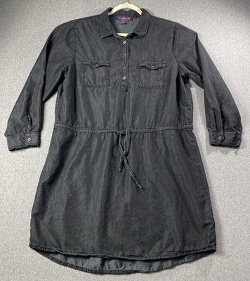 Gloria Vanderbilt Sz L Black Ashleigh Chambray Denim Drawstring Waist Dress