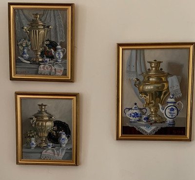 3er Set gerahmte Samowar Stillleben Ölgemälde eines russischen Künstlers 1995