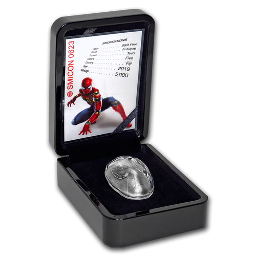 2019 Fiji 2 oz argento Marvel Icon Series Spider-Man maschera completa - NUOVA IN SCATOLA - Foto 5 di 8
