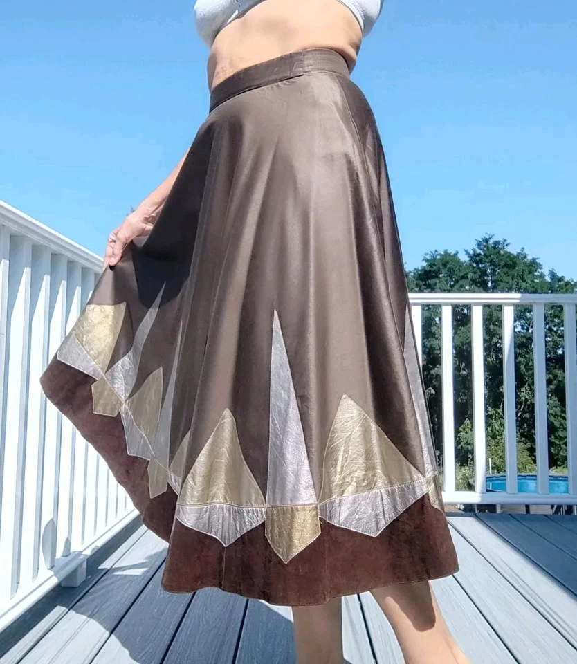 🎁Falda Acampanada Midi Cuero Genuino Gamuza Aplicación Geométrica Algodón Talla M Marrón  Foto 2 de 4