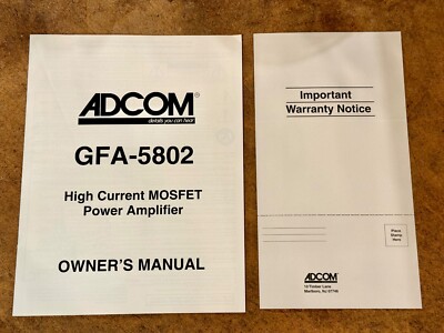 Nice ADCOM GFA-5802 Stereo Amplifier Original Owner's Manual & Warranty Card