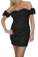 Ladies Off Shoulder Pencil Mini Dress Textured Satin Party Christmas Black 12