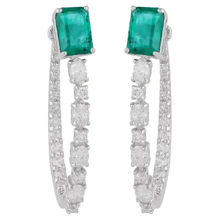 Vivid Green Emeralds & Simulated White Sapphires Premium Hoop 935 Silver Earring - Image 4 of 4