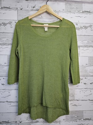 Chicos Ramie Blend Sweater Open Knit Green Lightweight 0 US Size Small