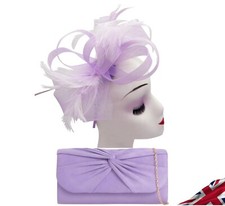 Lilac Purple Fascinator & Evening Clutch bag Set Women Headband Clip Hat Wedding