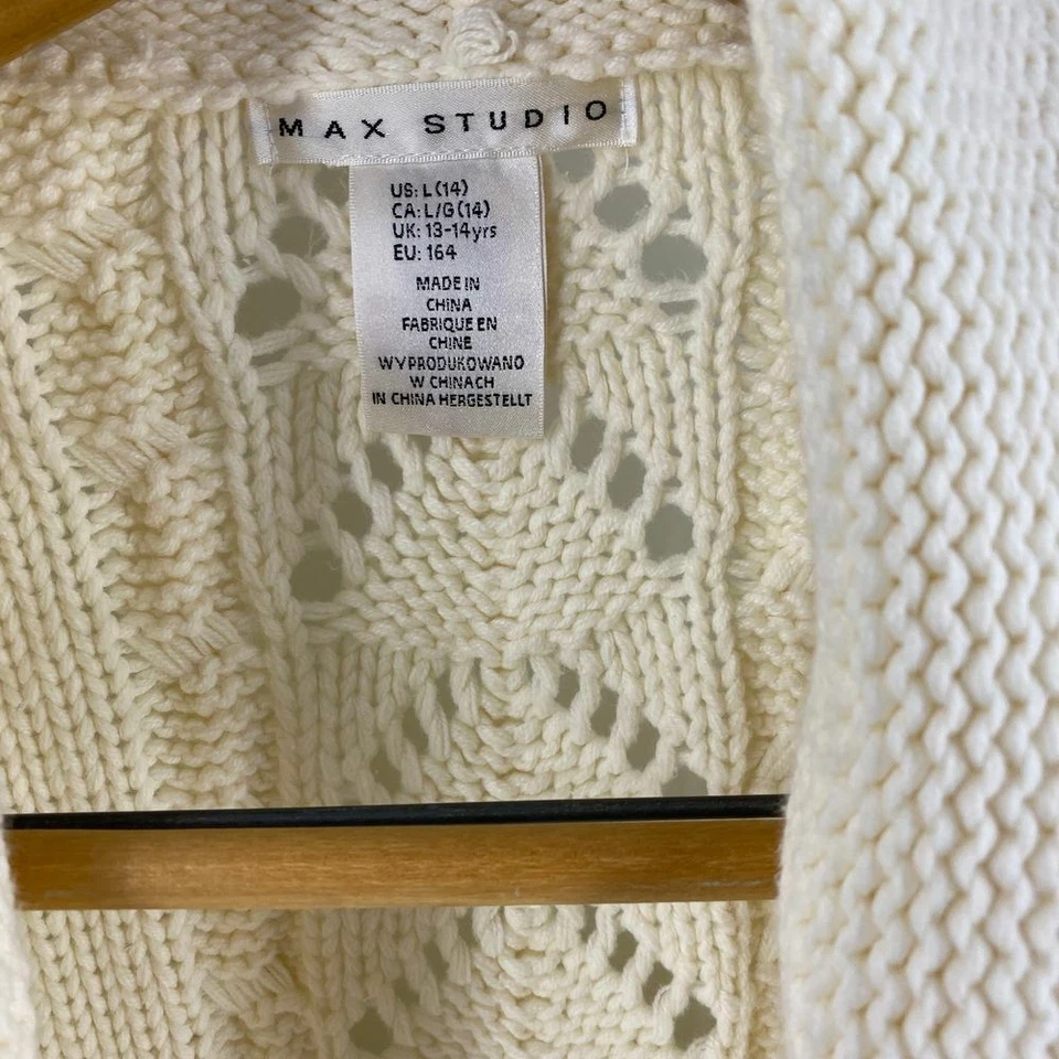 Cárdigan Suéter Max Studio Niñas Grande (14) Crema Marfil Frente Abierto Pointelle Foto 3 de 4