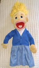 Girl Puppet Yellow Hair 25" Blue Sweater Pleated Skirt Puppet Revelation Pretend