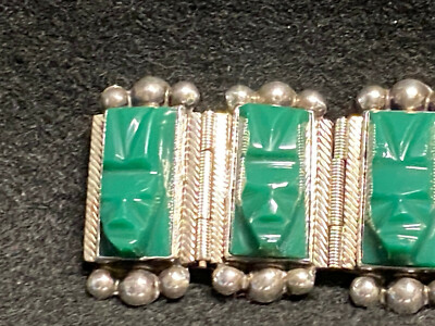 Vtg Mexico Silver .925 Bracelet with Green Stone Carved