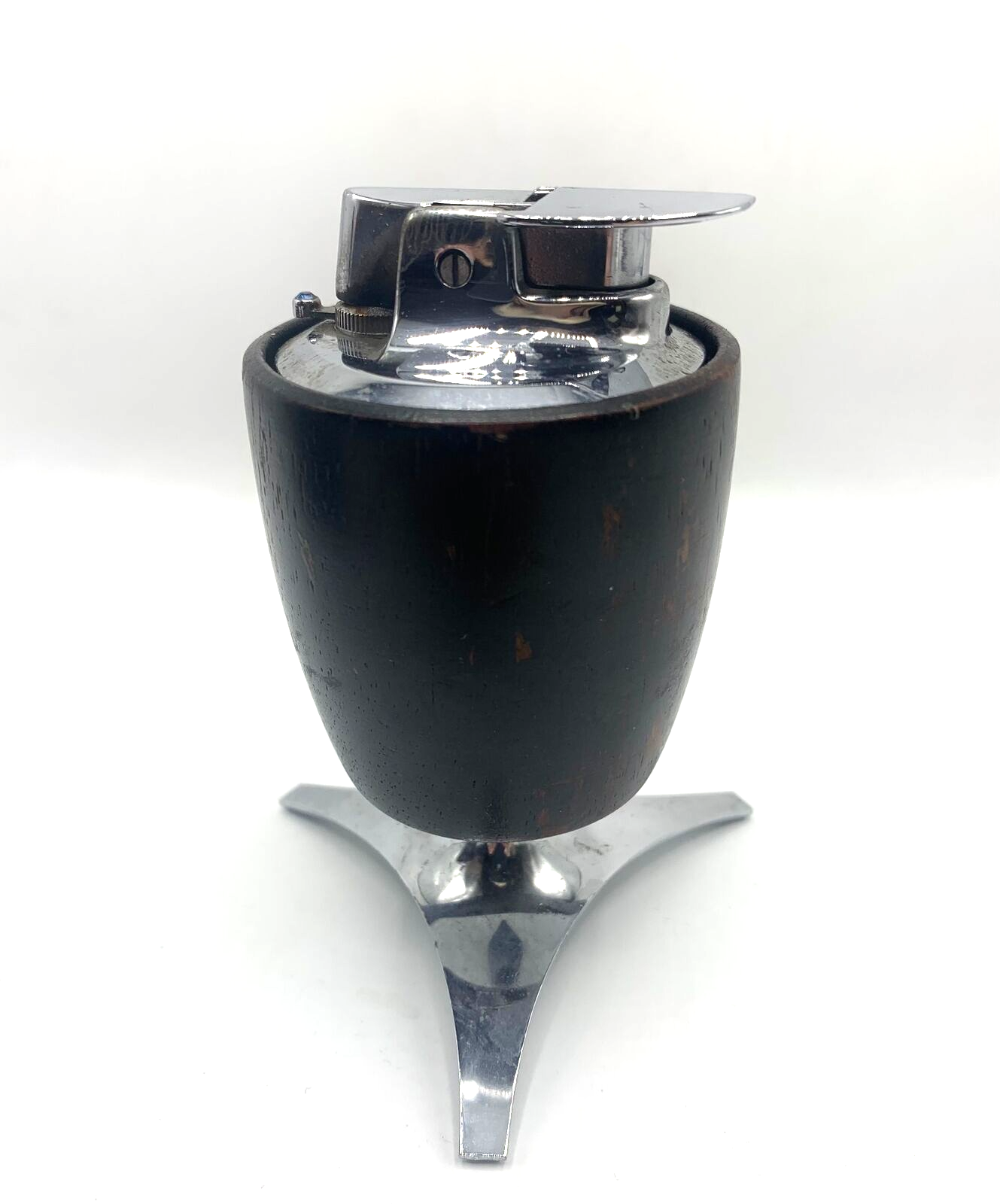 RONSON MID CENTURY MOD TRIPOD CHROME & WOOD TABLE LIGHTER VARA FLAME VALIANT