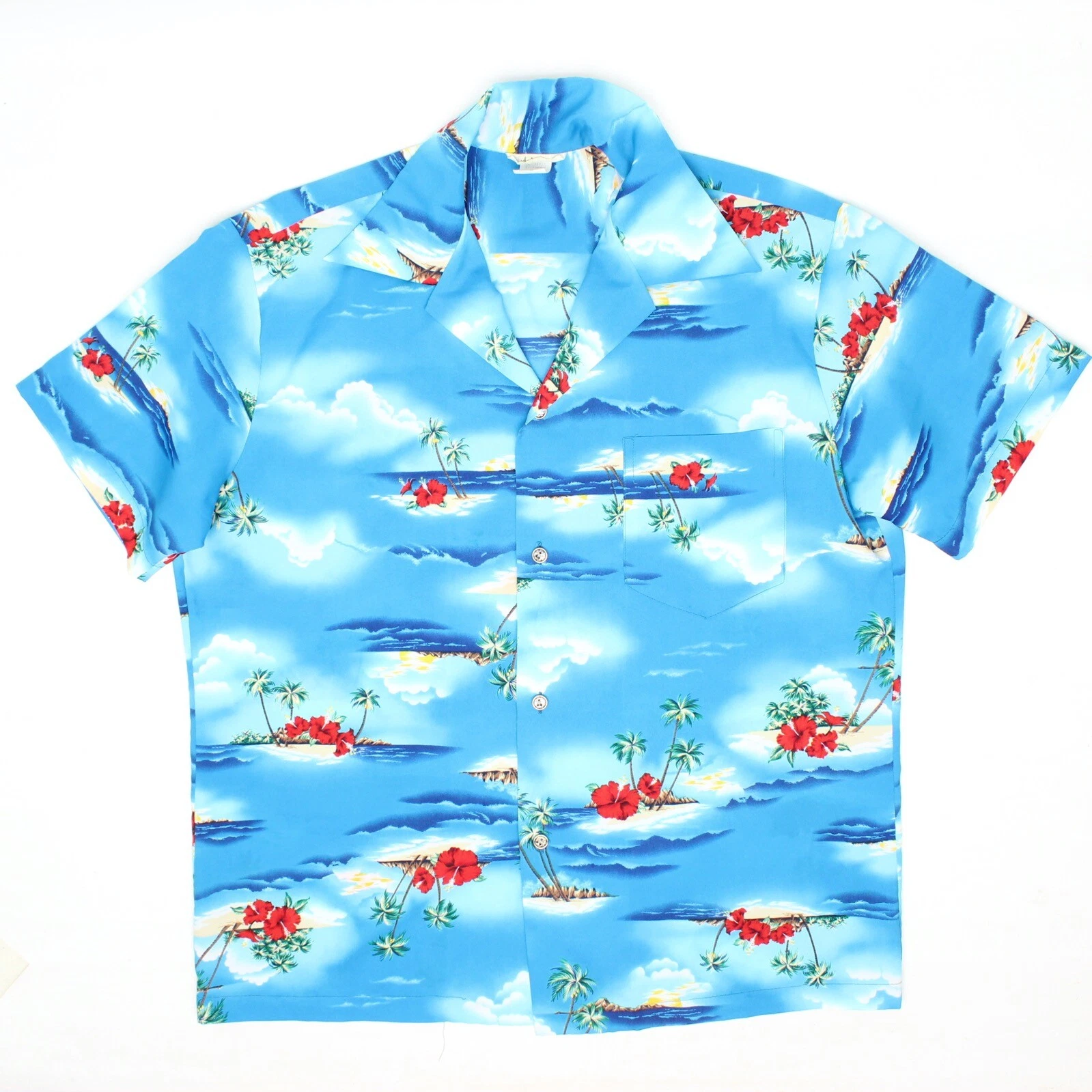VTG Made in Hawaii Mens Royal Hawaiian Shirt L Sky Blue Island Hibiscus Print