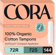 Cora Comfort Fit Organic Cotton Tampons Multipack Regular/Super 144 Count