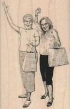 Waving Ladies 2 1/2 x 3 3/4" Rubber Stamp, Woman Stamp, Lady Stamp
