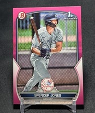 Spencer Jones 1st Fuchsia /299 Prospect Rookie 2023 Bowman Card #BP-139 Yankees. rookie card picture