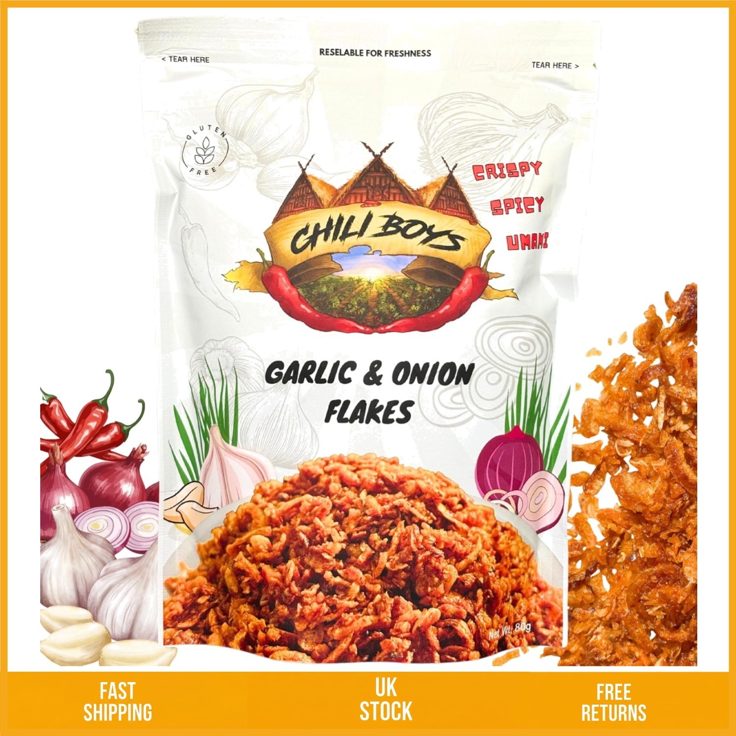 Zesty Spicy Crunchy Garlic and Onion Flakes Savory Food Topper 80g Bag