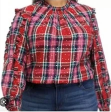 Crown Ivy red pink plaid gold metallic polkadot blouse top size xL women’s