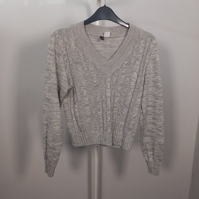 Grauer Strickpullover mit Zopfmuster von H&M Damen V-Ausschnitt UK Größe XS