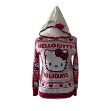 Hello Kitty Holidays Christmas Pink Red Sweater Juniors Sz Large Hood Bow Sanrio