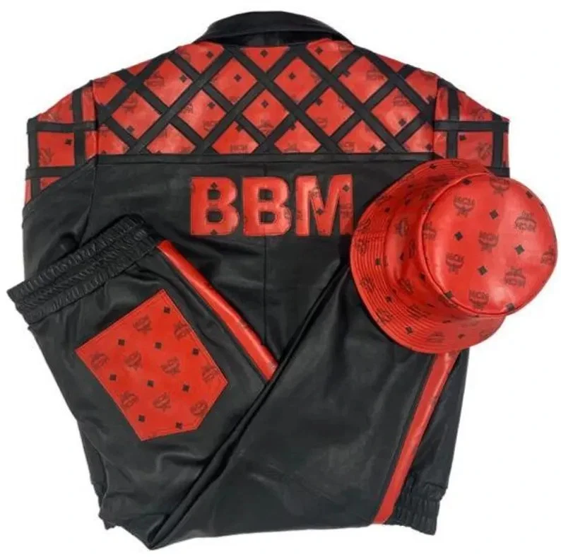 男式 MCM 风格黑色和红色皮革运动服风格标志夹克和裤子帽子豪华 — 第 3/4 张图片