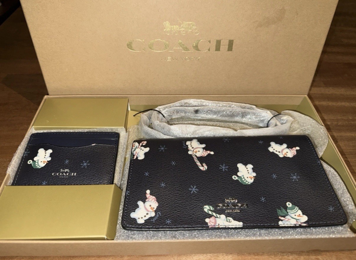 Nuevo conjunto de bandolera y estuche para tarjetas Coach muñeco de nieve Anna plegable en caja