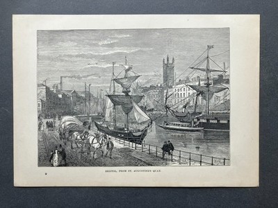 Antiker Exlibris Gravur Bristol vom St Augustine's Quay von W.H. Prior
