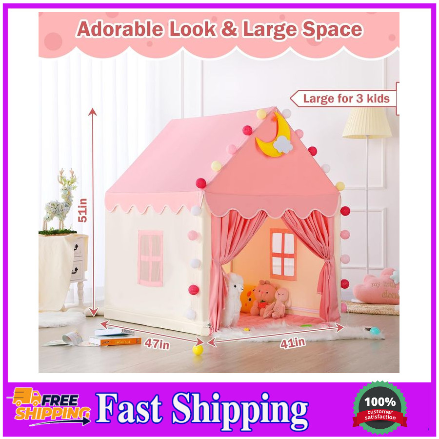 Wilwolfer Kids Tent Playhouse with Mat & Star Lights, Indoor Princess Pink