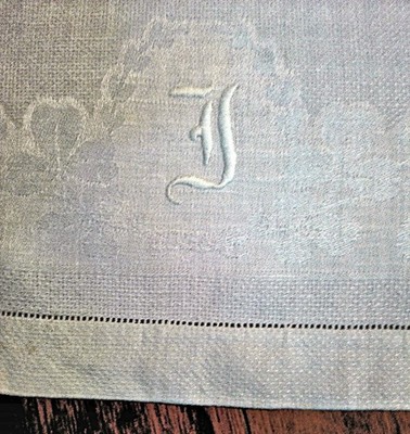 Vtg Show Towel  White Huck Linen Damask Shamrocks Hand Embroidered Monogram J