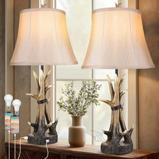 Rustic Table Lamps Set of 2 Farmhouse Antler Bedside Bedroom USB 3-Way Dimmable