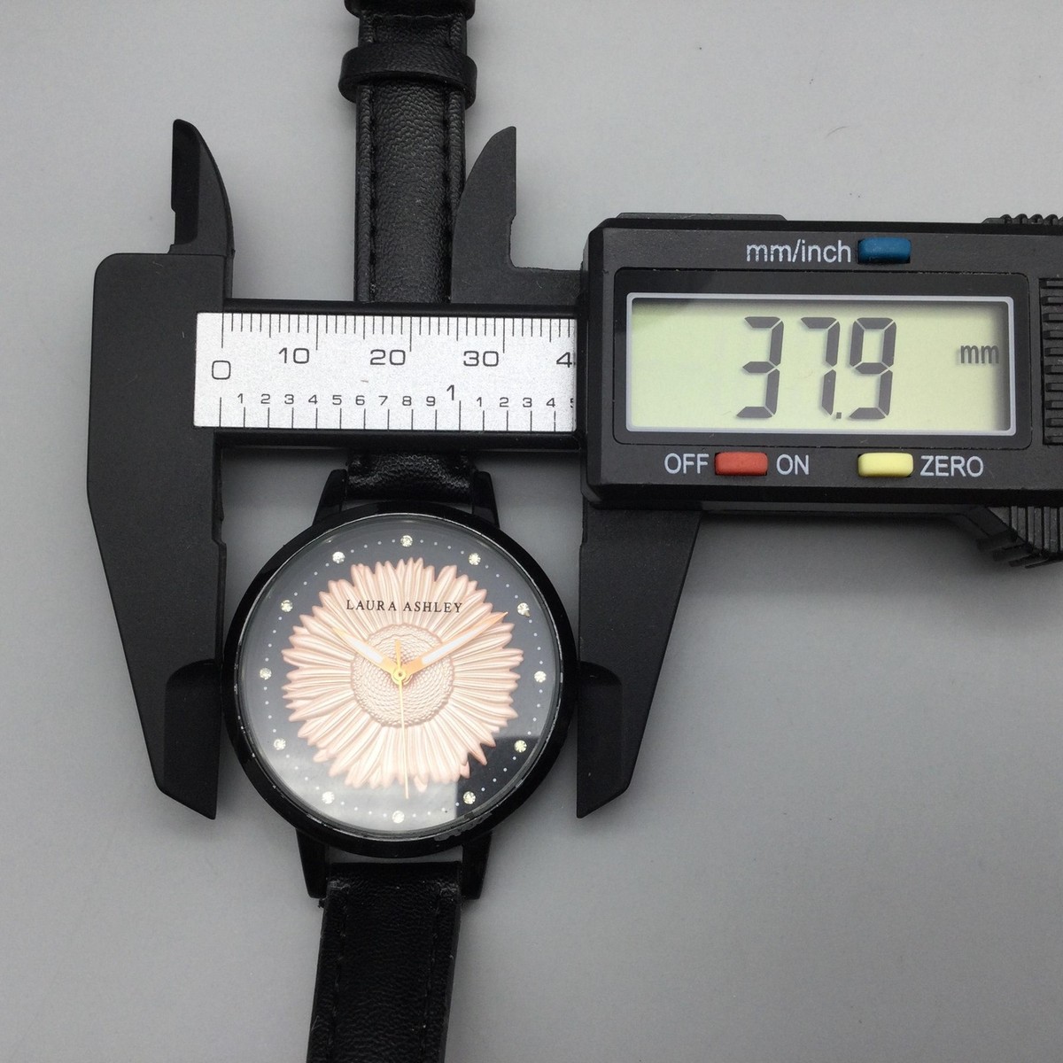Laura Ashley Watch Womens 38mm Sunflower Floral Dial Black Leather