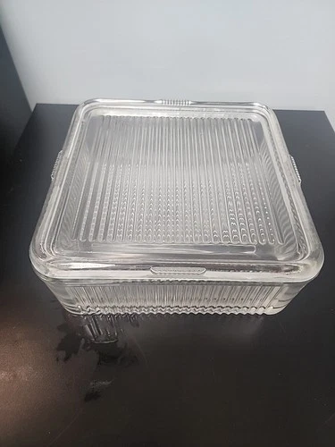 Vintage Ribbed Clear Glass Refrigerator Square Dish w/ Lid 8.5"
