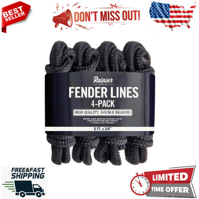 Boat Fender Lines - 4 Pack Bumper Rope Dock Lines - 6' x 3/8'' Premium Double Bra