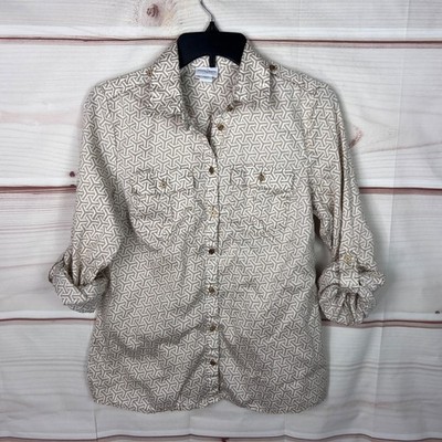 Jaclyn Smith Top Womens S Beige Geometric Button Up Camp Shirt Pockets Cotton