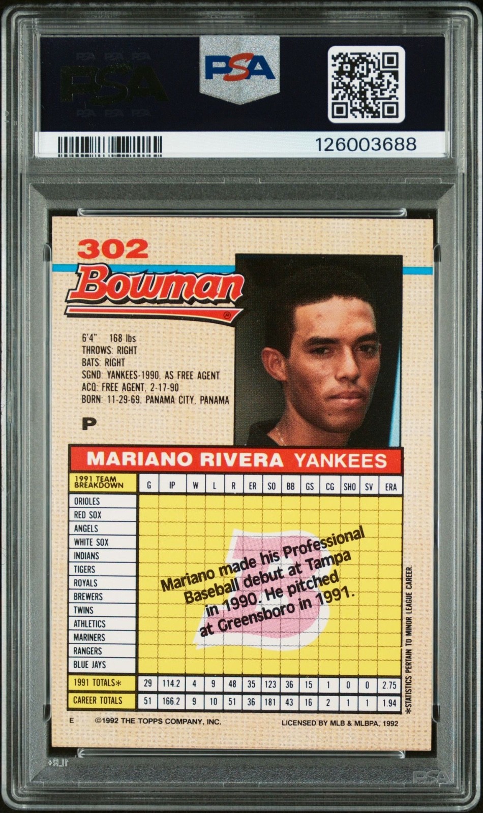 1992 Bowman Mariano Rivera Autograph Auto Rookie #302 PSA Authentic view 2