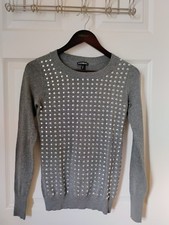 Express Women Sz XS Gray Long Sleeve Shiny Silver Shank Embellished Sweater