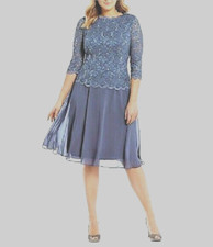 Alex Evenings Mock 2-Piece Lace Tea Length Dress  Sz 14p   Blue Smoke  *509
