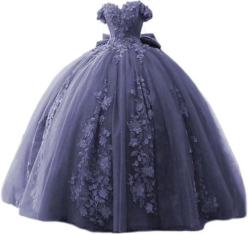 Quinceanera Lace Beaded Prom Dresses Fluffy Off Shoulder Sweet 15 16 Prom Dress - Picture 27 of 51