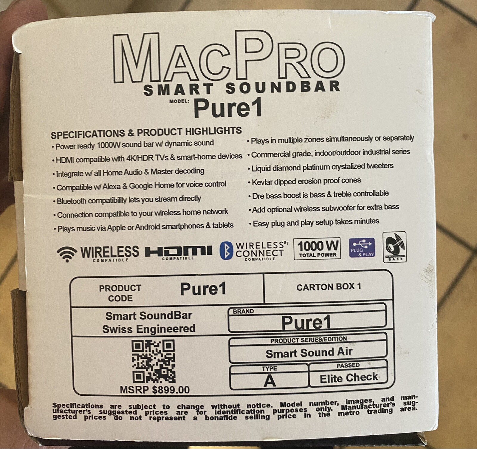 Black 36" Brand New MacPro Theaters Smart Soundbar Wireless 1000W Model: Pure1 