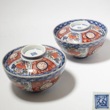 Antique Meiji Era Imari Covered Chawan Bowls Japanese Signed fuku Pair