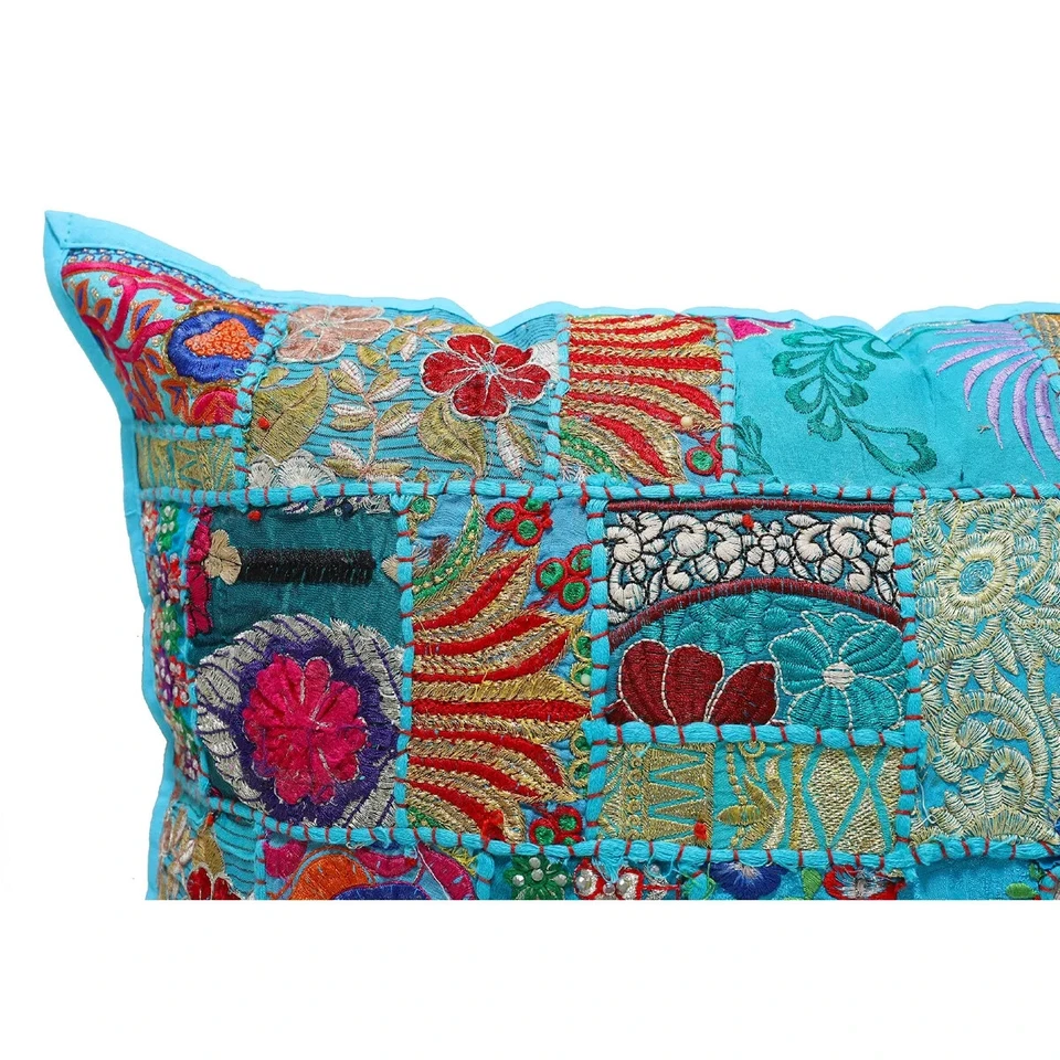 Handmade Boho Patchwork Cushion Vintage Turquoise Throw Pillow Cover 40x60 cm - Image 2 of 3