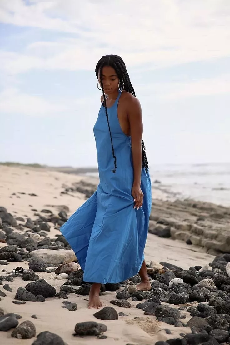 NWT Free People Beachside Tide Halter Maxi Dress Open Back Blue Size Small