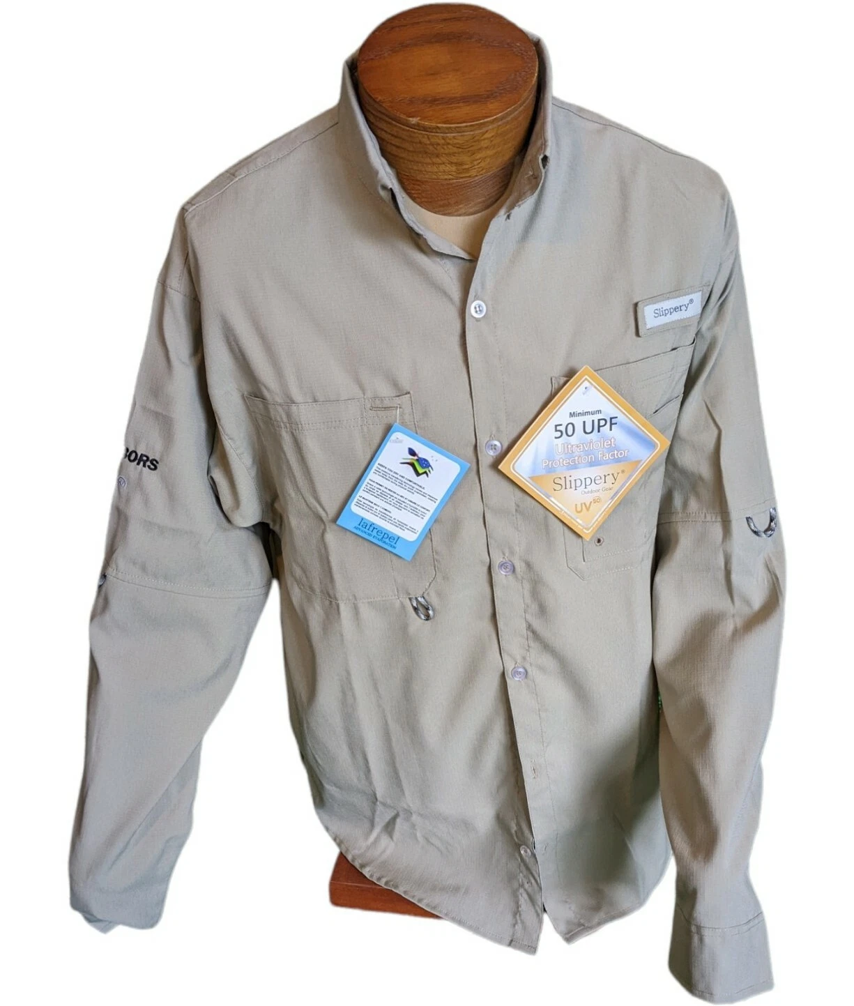Slippery Outdoor Gear Fishing Shirt UV Ripstop Long Sleeve Vents Beige Med. NWT