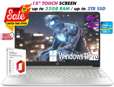 HP Laptop 15.6'' Touchscreen Intel i3 Upto 32GB RAM &2TB SSD Windows11 PRO&OFFICE
