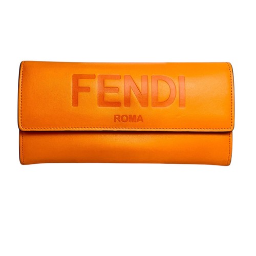 FENDI Logo Leather Long Wallet Orange Gold HDW 8M0251 Authentic Used