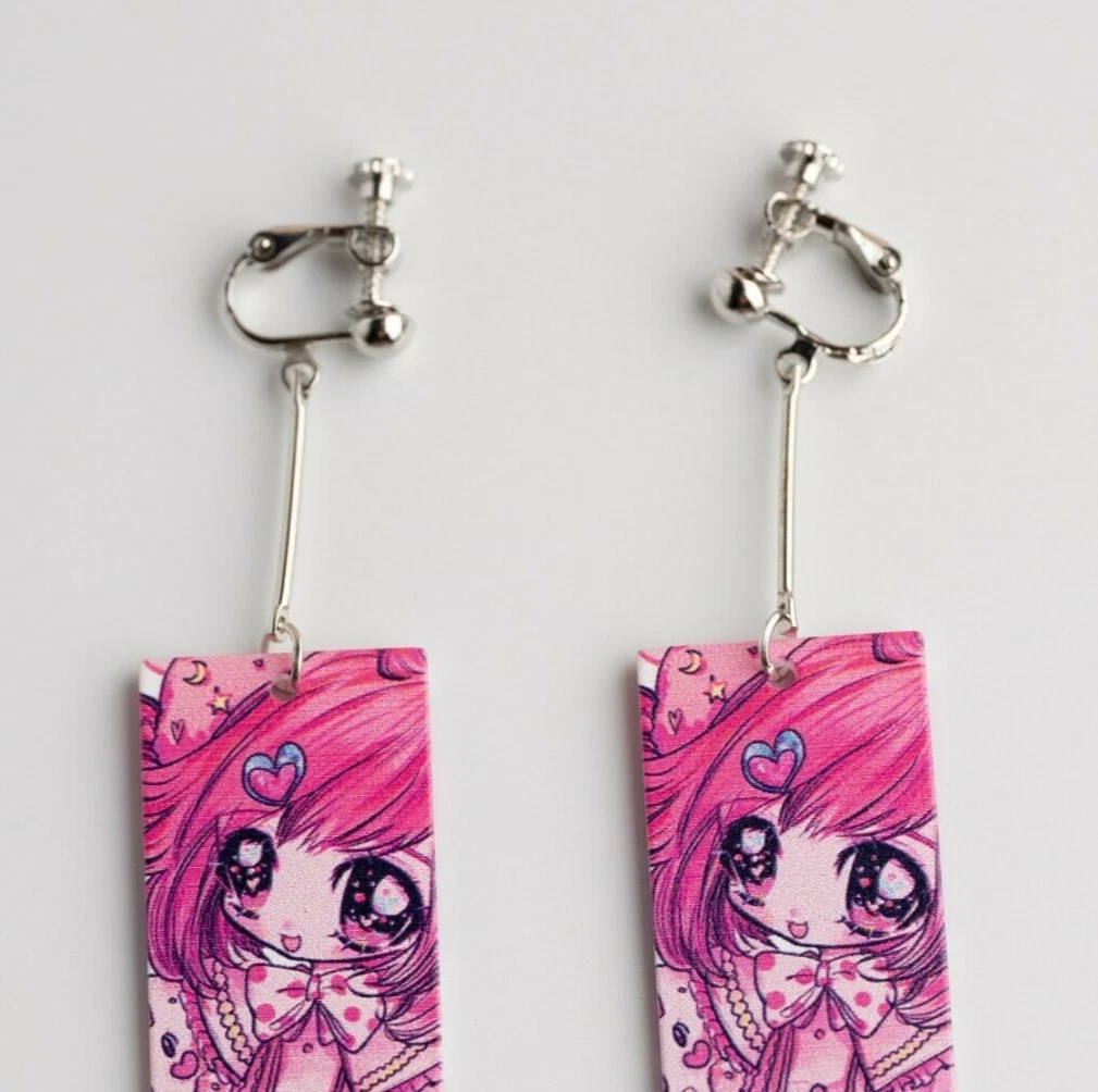 Cute Cartoon Anime Manga Girl Face Pink Heart Clip On Dangle Drop Earrings Gift