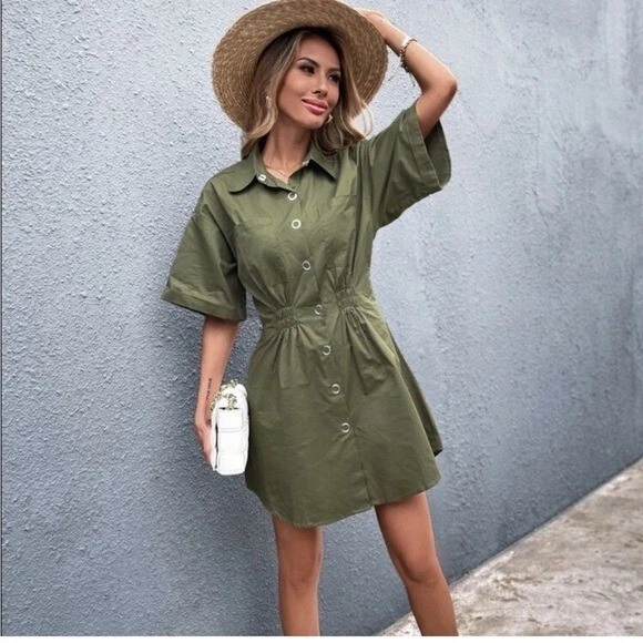 Zara Utility Button Down Shirred Waist Mini Shirt Dress Olive