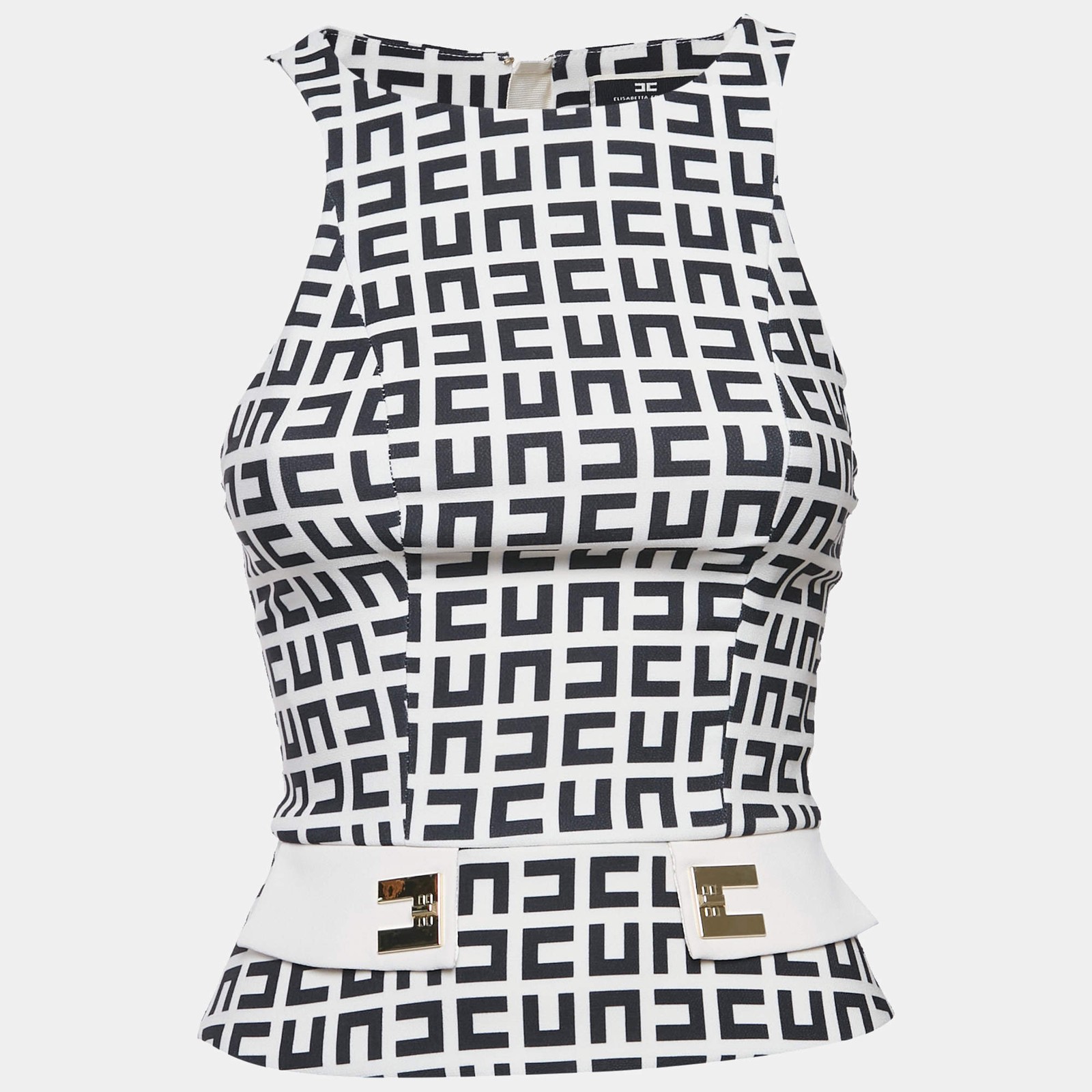 Elisabetta Franchi BeigeBlack Monogram Print Jersey Sleeveless Top S